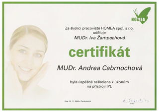 Certifikát IPL laser MUDr. Andrea CABRNOCHOVÁ